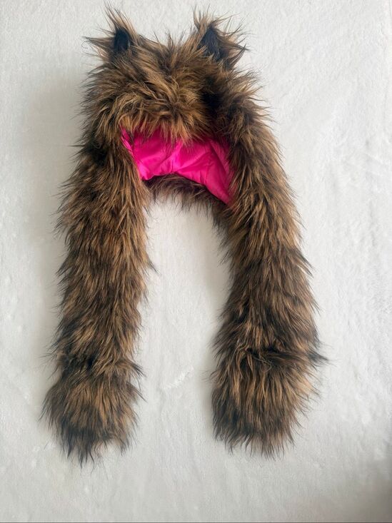 Skaist Taylor Faux Fur Wolf Hat Scarf Pink Lined Animal Ear Hood